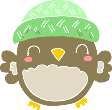 Bir insan tarafından çizilmiş şapkalı şirin düz renkli çizgi film baykuşu.