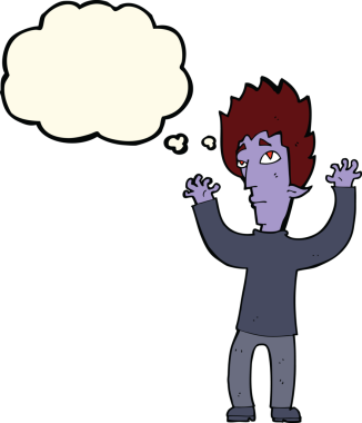 Bir insan tarafından çizilmiş düşünce baloncuğuyla pes eden vampir çizgi filmi.