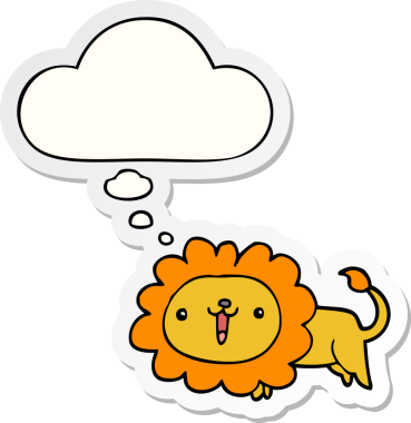 İnsan tarafından çizilmiş bir çıkartma olarak düşünce baloncuğu olan sevimli çizgi film aslanı.