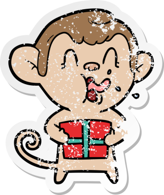 Bir insan tarafından çizilmiş Noel hediyeli çılgın bir çizgi film maymunu çıkartması.