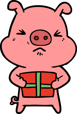 Bir insan tarafından çizilmiş Noel hediyeli kızgın domuz çizgi filmi.