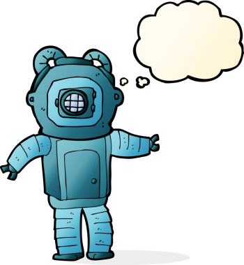 Bir insan tarafından çizilmiş düşünce balonlu derin deniz dalgıcı.