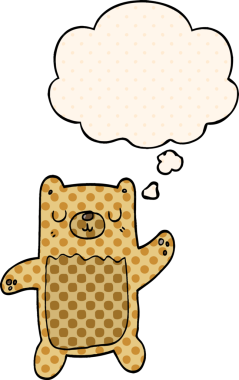 Çizgi roman tarzında bir insan tarafından çizilmiş düşünce kabarcığı olan çizgi film ayısı.