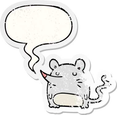 Konuşma baloncuğu olan çizgi film faresi bir insan tarafından çizilmiş sıkıntılı eski bir çıkartma