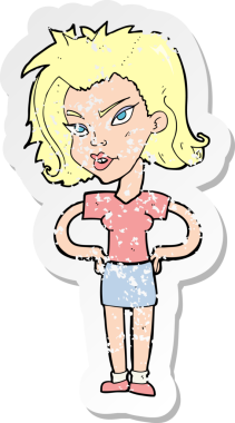 Bir insan tarafından çizilmiş kalçasında elleri olan bir karikatür kadının gerilmiş çıkartması.