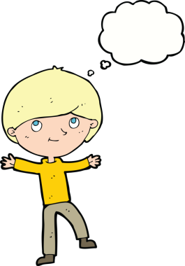 Bir insan tarafından çizilmiş düşünce baloncuğu olan heyecanlı çocuk.
