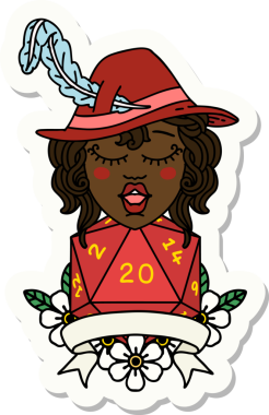 Bir insan ozan karakterinin çıkartması. Bir insan tarafından çizilmiş doğal 20 zar.