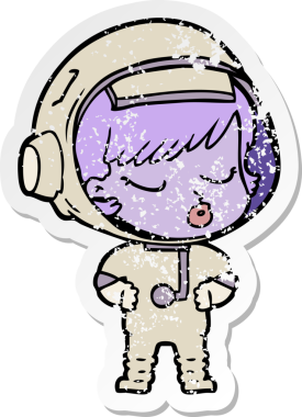 Bir karikatür çıkartması. Bir insan tarafından çizilmiş güzel astronot kız.