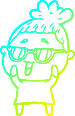 Bir insan tarafından çizilmiş gözlük takan mutlu bir kadının çizgi film çizimi.