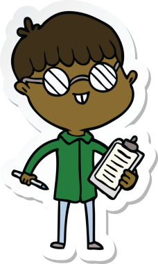 Bir insan tarafından çizilmiş gözlüklü bir çizgi film çocuğunun çıkartması.