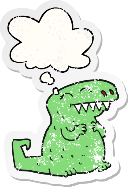 Düşünce baloncuğu olan karikatür dinozoru bir insan tarafından çizilmiş yıpranmış bir çıkartma.