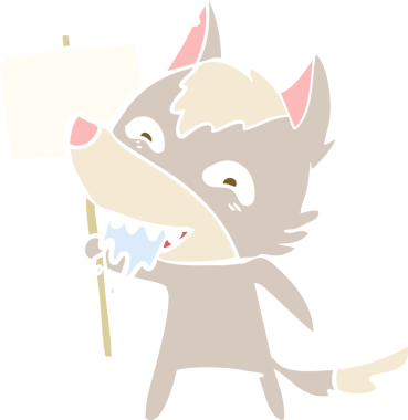 Düz renkli çizgi film aç kurt. Bir insan tarafından çizilmiş işaret levhası var.