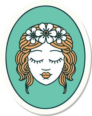 Geleneksel stil dövme çıkartması. Gözleri bir insan tarafından çizilmiş bir bakire.