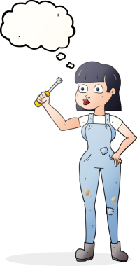 Bir insan tarafından çizilmiş serbest çizim balon karikatür kadın tamirci.