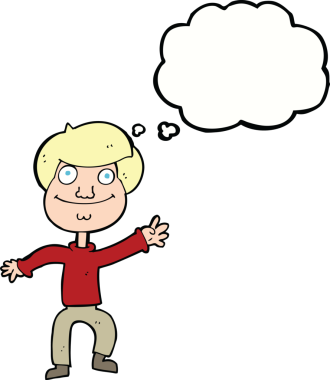 Bir insan tarafından çizilmiş düşünce baloncuğuyla el sallayan mutlu bir adam.