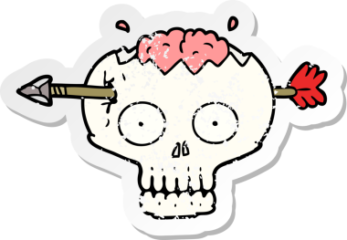 Bir insan tarafından çizilmiş okla çizilmiş karikatür kafatası etiketi.