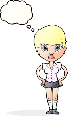 Bir insan tarafından çizilmiş düşünce baloncuğuyla rahatsız bir kız.