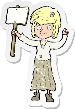 Bir insan tarafından çizilmiş protesto tabelası olan hippi bir kızın gerilimli çıkartması.