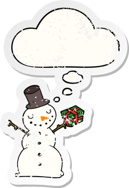 Düşünce baloncuğu olan kardan adam bir insan tarafından çizilmiş yıpranmış bir çıkartma.