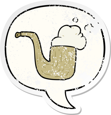 Karikatür eski sigara piposu, konuşma baloncuğu, bir insan tarafından çizilmiş sıkıntılı eski bir çıkartma.