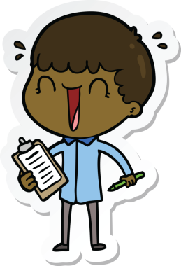 Bir insan tarafından çizilmiş, gülen bir karikatürcünün çıkartması.