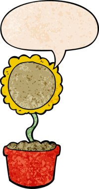 Bir insan tarafından çizilmiş geçmişe dönük desenli konuşma baloncuğu olan sevimli bir karikatür çiçeği.