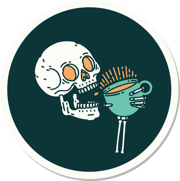 Bir insan tarafından çizilmiş kahve içen geleneksel bir kafatası stili dövme çıkartması.