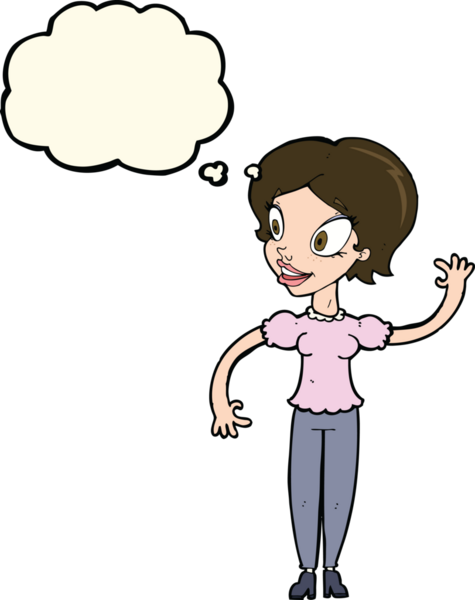 Bir insan tarafından çizilmiş düşünce baloncuğuyla el sallayan çizgi film kadını.