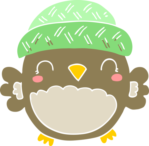 Bir insan tarafından çizilmiş şapkalı şirin düz renkli çizgi film baykuşu.