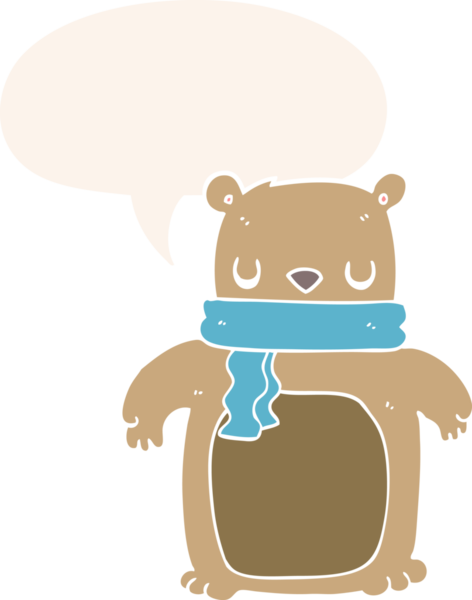 Bir insan tarafından çizilmiş, konuşma baloncuklu eşarplı çizgi film ayısı.