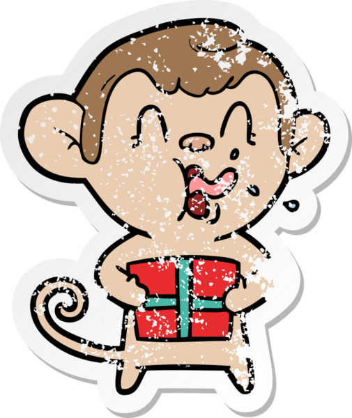 Bir insan tarafından çizilmiş Noel hediyeli çılgın bir çizgi film maymunu çıkartması.