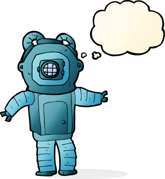 Bir insan tarafından çizilmiş düşünce balonlu derin deniz dalgıcı.