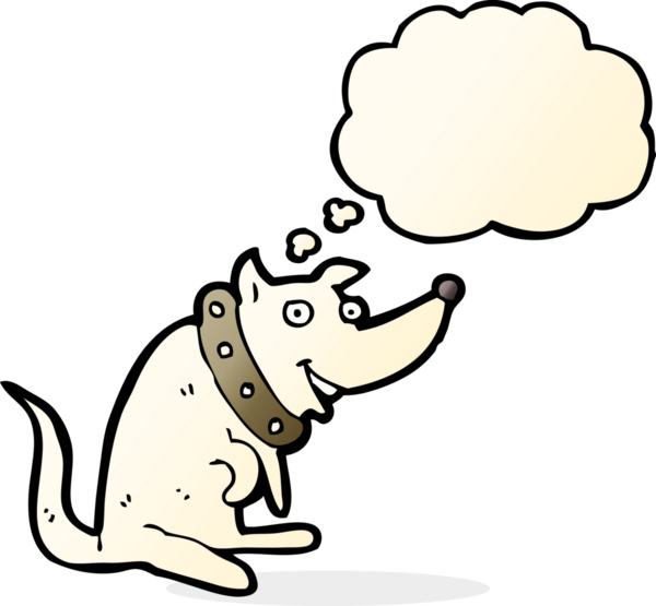 Bir insan tarafından çizilmiş düşünce baloncuğu olan büyük yakalı mutlu bir köpek.