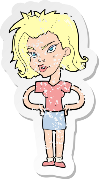 Bir insan tarafından çizilmiş kalçasında elleri olan bir karikatür kadının gerilmiş çıkartması.