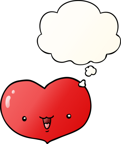 Karikatür, insan tarafından çizilmiş düşünce baloncuklu kalp karakterini sever.