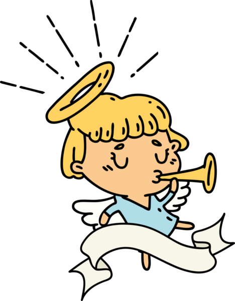 Bir insan tarafından çizilmiş dövmeli bir melek trompeti.