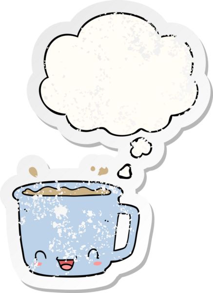 Düşünce baloncuklu bir kahve fincanı insan tarafından çizilmiş yıpranmış bir çıkartma gibi.