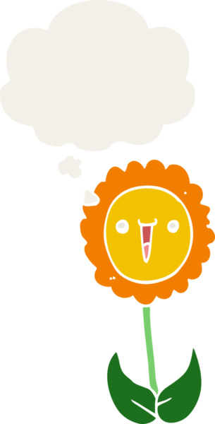 Düşünce baloncuğu olan karikatür çiçeği insan tarafından çizilmiş.