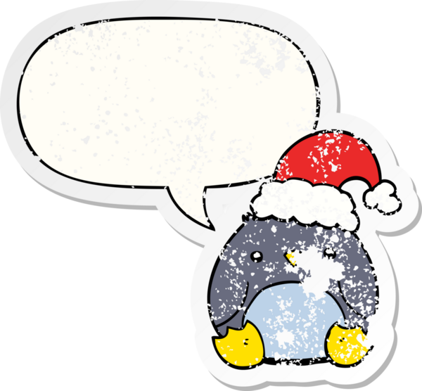 Bir insan tarafından çizilmiş, kederli, eski bir çıkartma olan, Noel şapkası takan sevimli penguen.