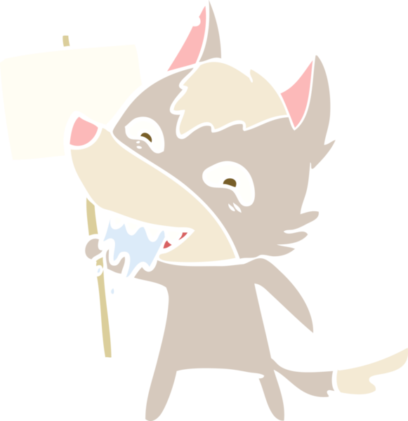 Düz renkli çizgi film aç kurt. Bir insan tarafından çizilmiş işaret levhası var.