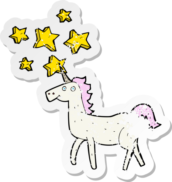 Bir insan tarafından çizilmiş sihirli bir tek boynuzlu atın gerilmiş çıkartması.