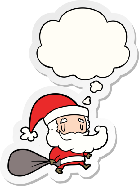 Düşünce baloncuklu çuval taşıyan çizgi film Noel Baba 'sı insan tarafından çizilmiş bir çıkartma.