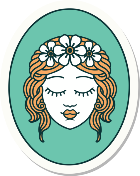 Geleneksel stil dövme çıkartması. Gözleri bir insan tarafından çizilmiş bir bakire.