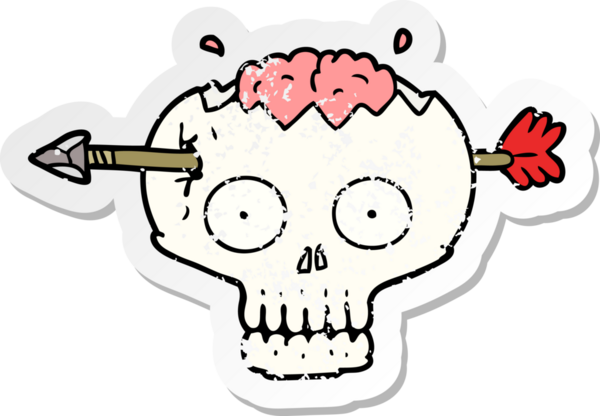 Bir insan tarafından çizilmiş okla çizilmiş karikatür kafatası etiketi.