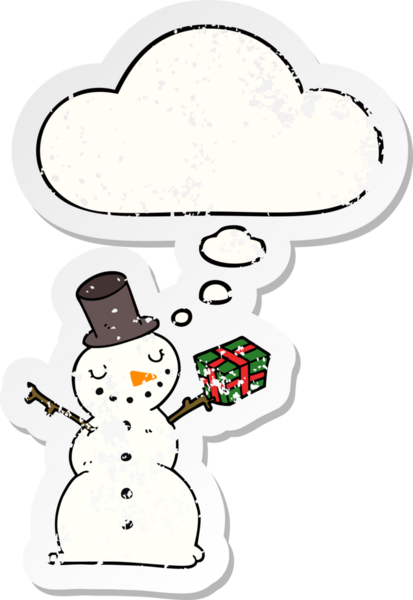 Düşünce baloncuğu olan kardan adam bir insan tarafından çizilmiş yıpranmış bir çıkartma.