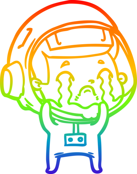 Gökkuşağı gradyan çizgi çizimi bir insan tarafından çizilmiş ağlayan astronot