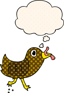 Bir insan tarafından çizilmiş, düşünce baloncuklu solucanlı çizgi film kuşu.