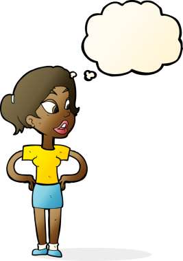 Bir insan tarafından çizilmiş düşünce baloncuğu olan elleri kalçasında çizgi film kadını.