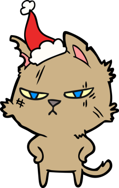 Bir insan tarafından çizilmiş Noel Baba şapkası takan bir kedi çizilmiş.