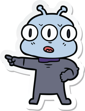 Çizgi film çıkartması. Bir insan tarafından çizilmiş üç gözlü uzaylı.